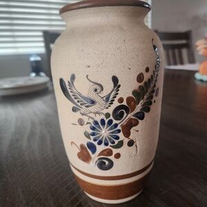 Handcrafted Tonala Mexican Folk Ceramic Vase with Bird Design